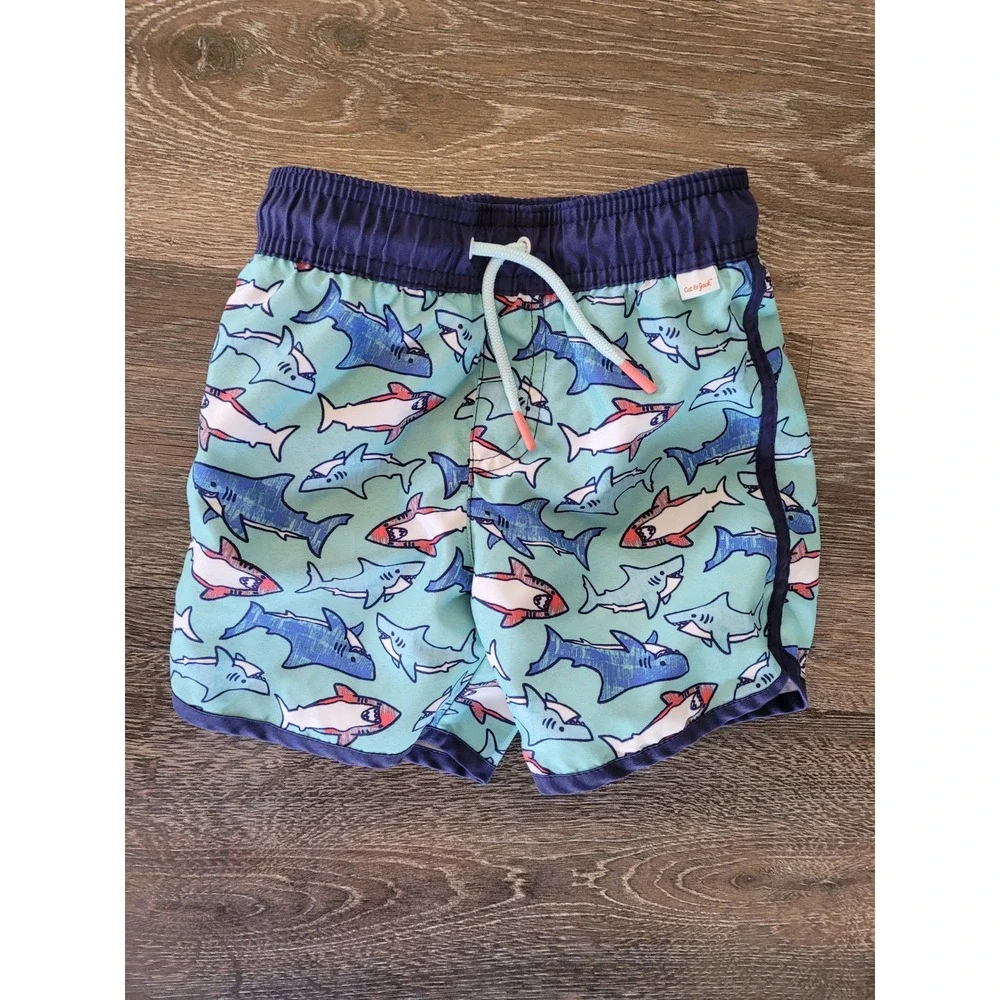 Cat & Jack Boys Shark Print Swim Trunks Green Navy Blue Size 3T Board Shorts #R‎